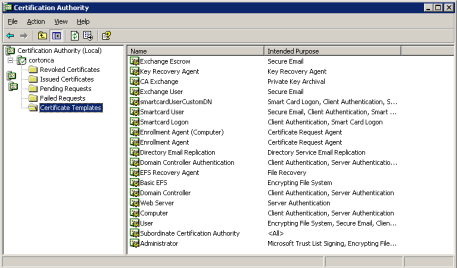 Windows Certificate Authority window with Certificate Templates selected in the left-hand panel and a list of Names and Intended Purposes displayed in the right-hand panel